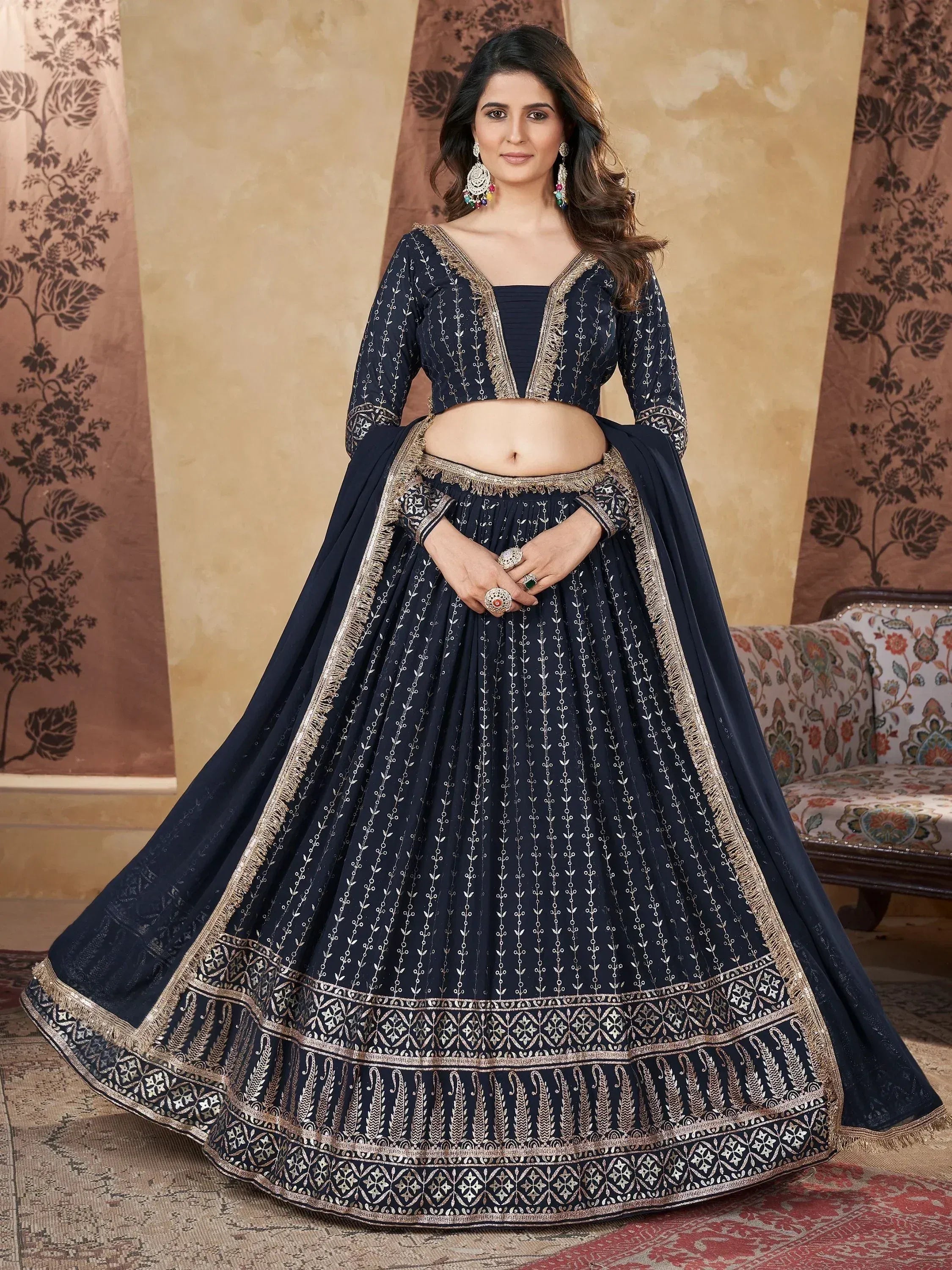 Navy blue designer lehenga choli with gold embroidery, perfect for Indian ethnic wear and weddings