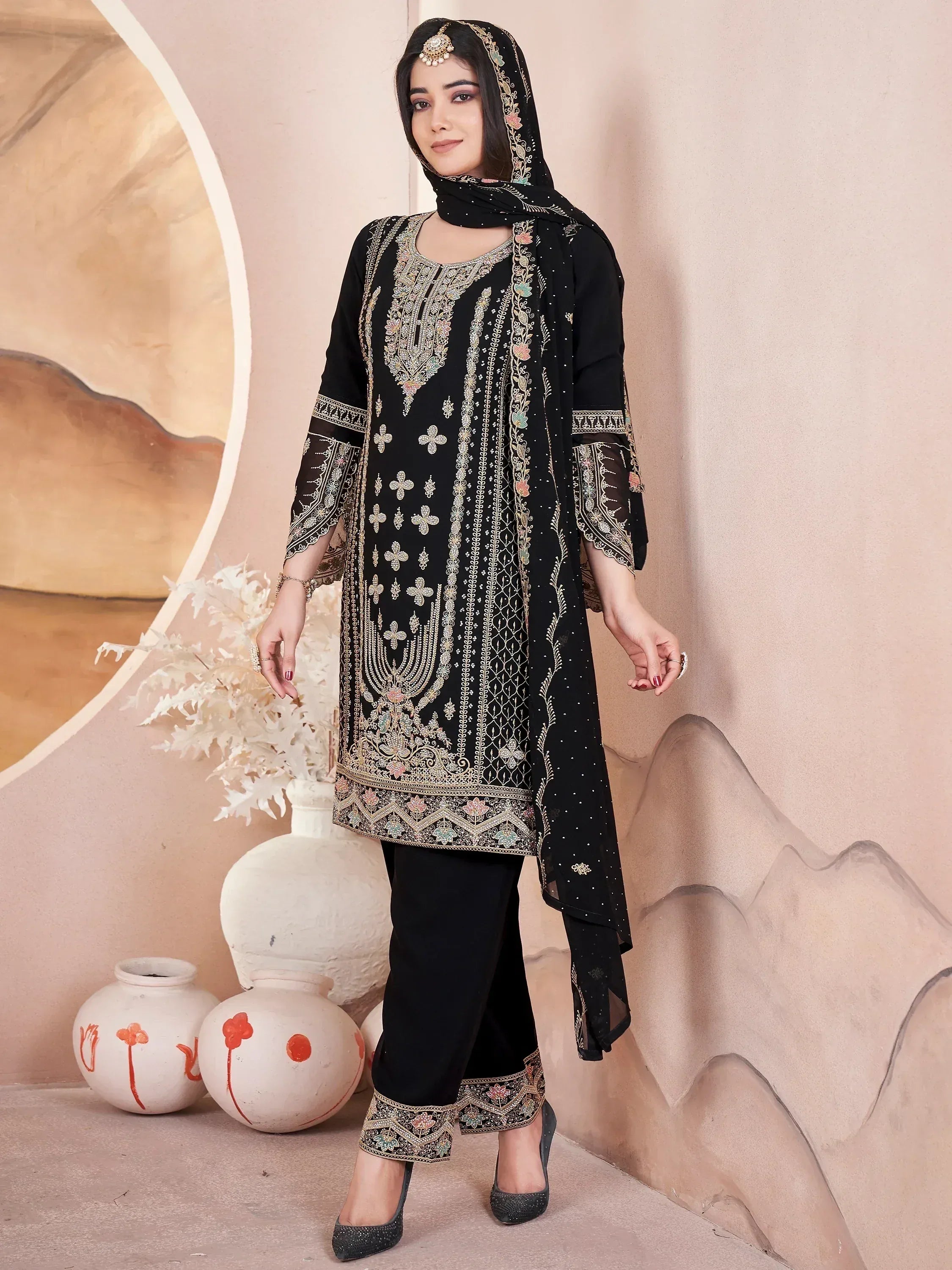 Black embroidered salwar kameez with matching dupatta, ethnic wear for women