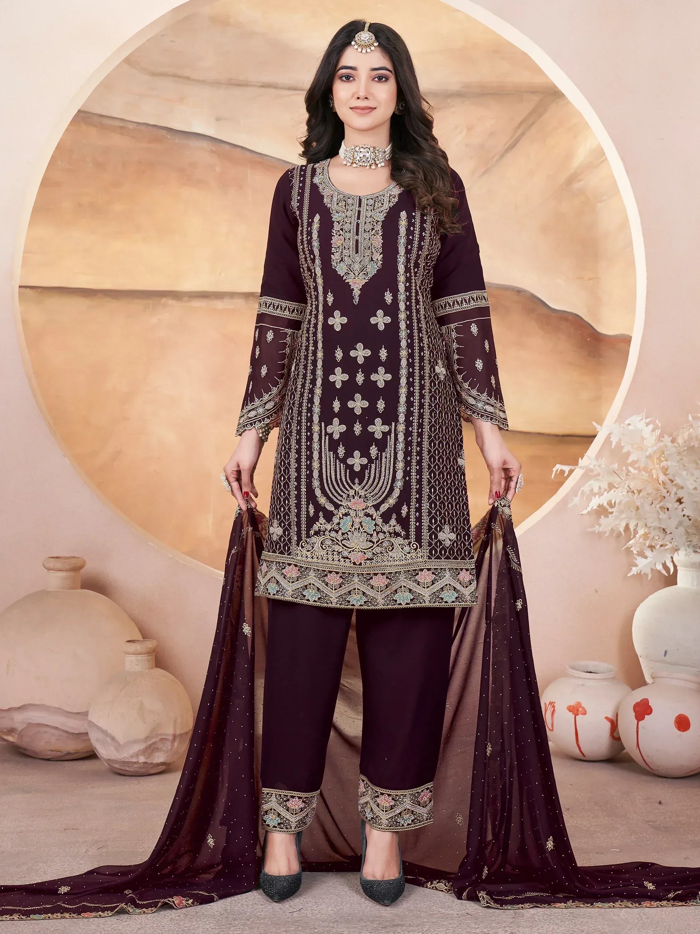 Elegant maroon embroidered salwar kameez with matching dupatta, perfect for Indian ethnic wear occasions