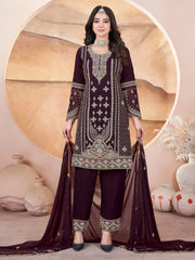 Alluring Wine Embroidered Georgette Pakistani Suit With Dupatta