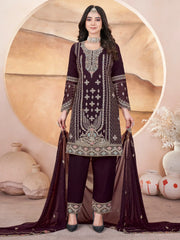 Alluring Wine Embroidered Georgette Pakistani Suit With Dupatta