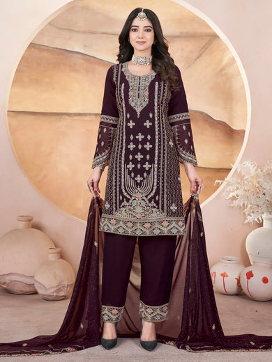 Alluring Wine Embroidered Georgette Pakistani Suit With Dupatta