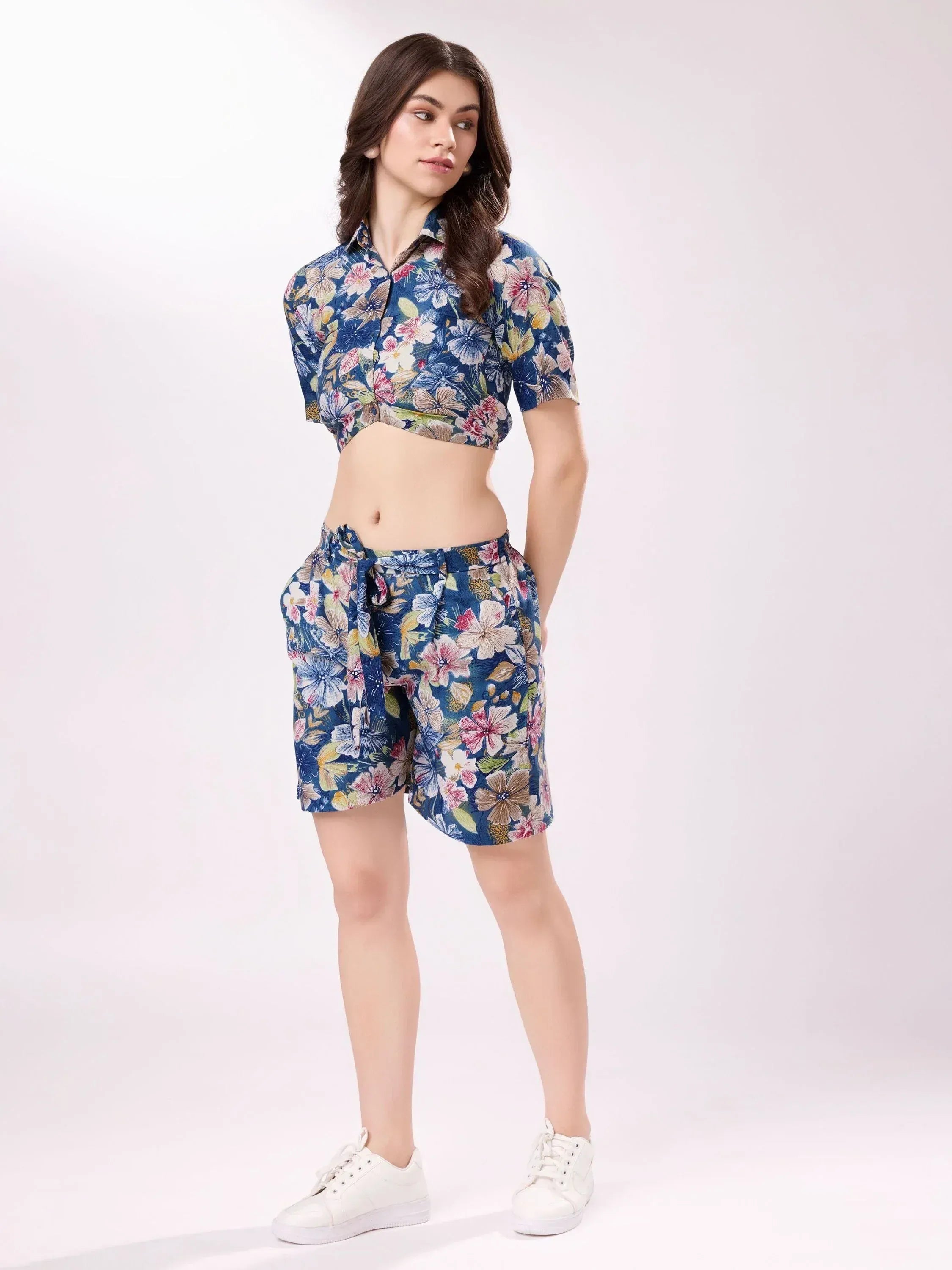 Floral print ethnic crop top and shorts set with white sneakers