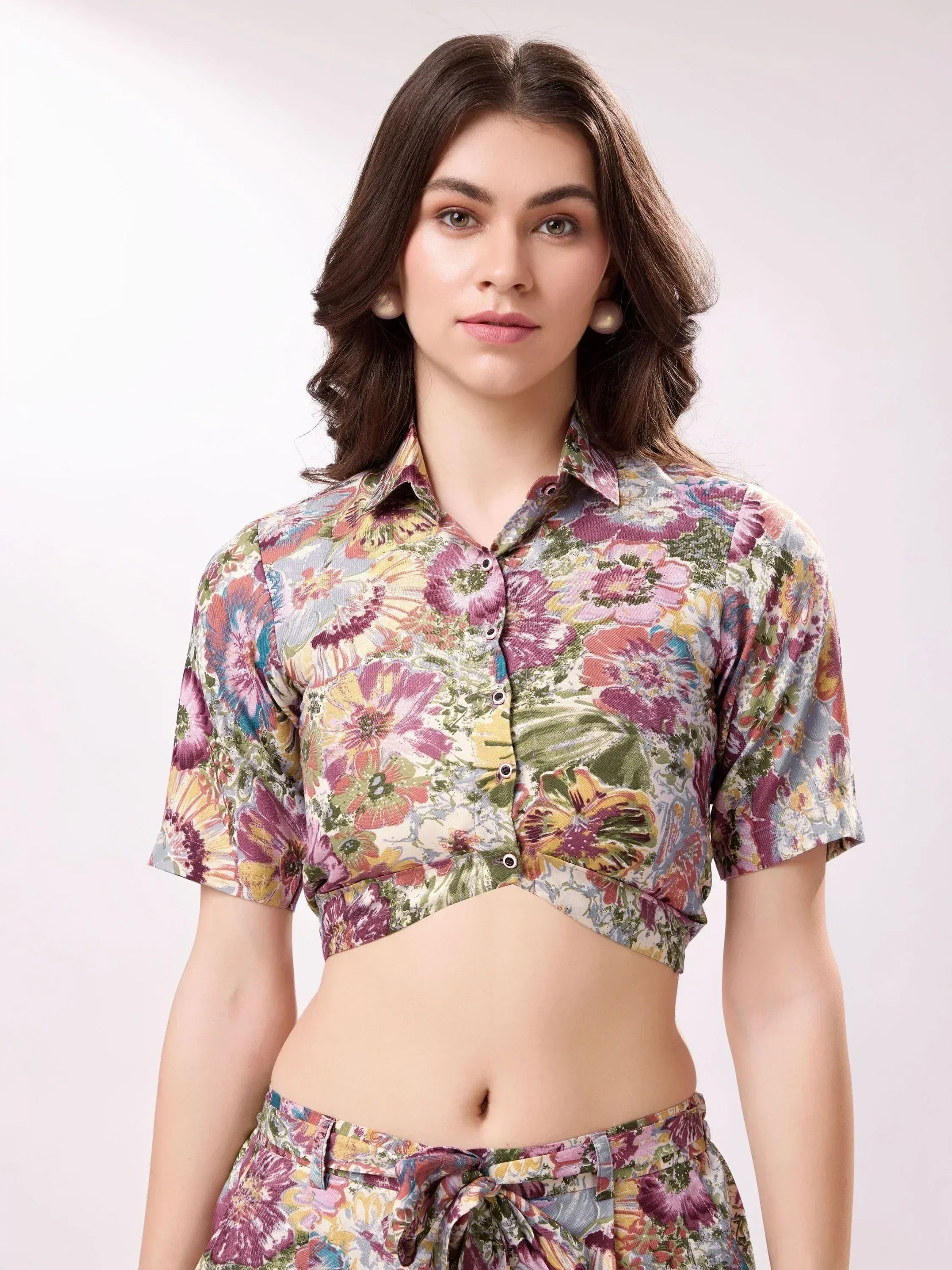 Floral print crop top and matching pants set, stylish ethnic wear for women