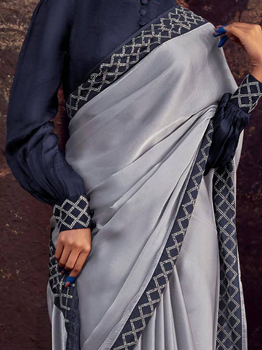Grey saree with navy blue embroidered border and matching blouse, elegant Indian ethnic wear