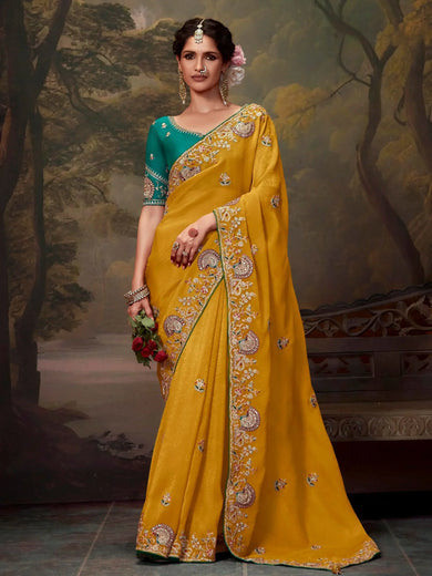 Beautiful Yellow Embroidered Organza Event Wear Saree With Blouse