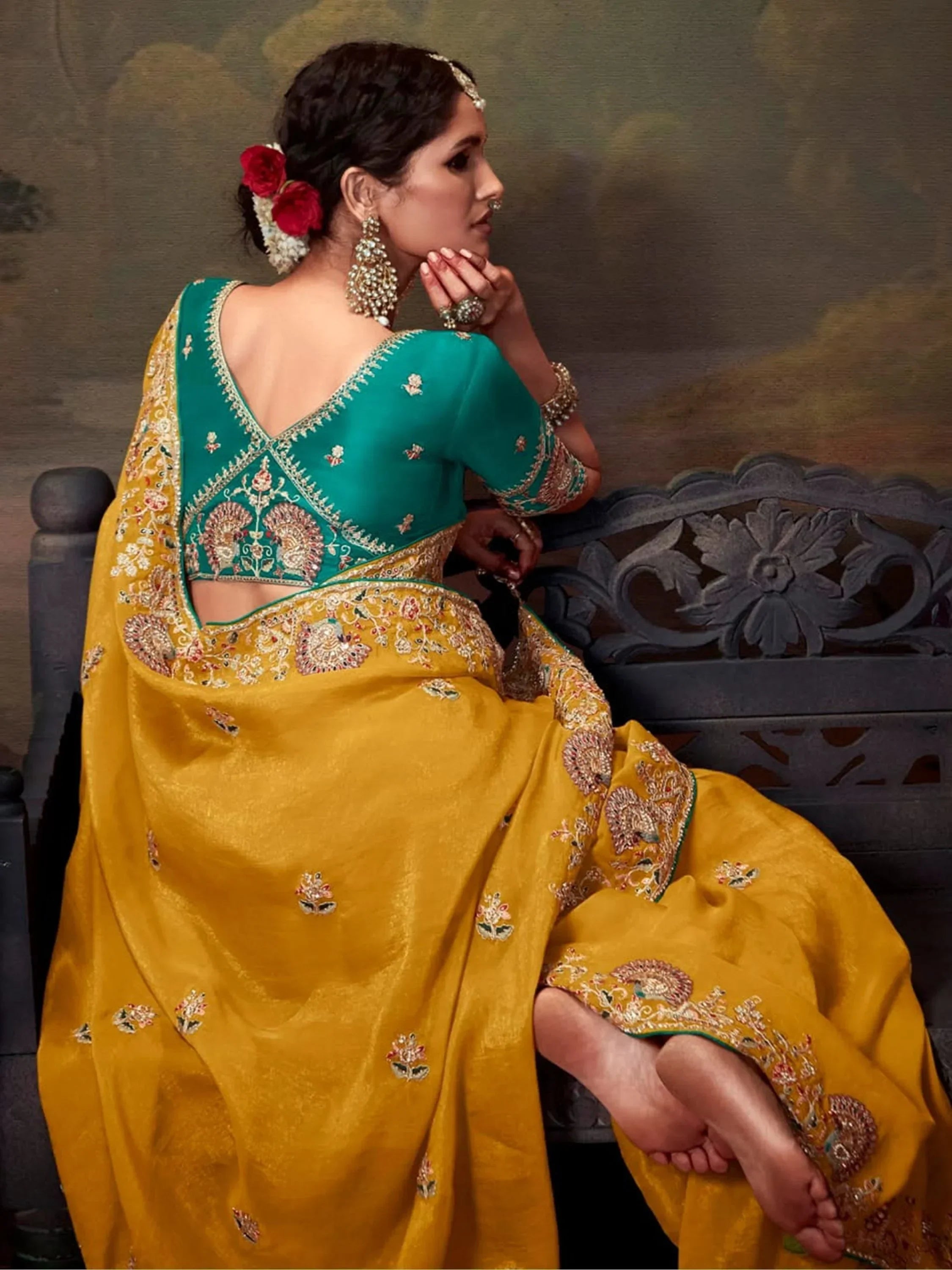 Beautiful Yellow Embroidered Organza Event Wear Saree With Blouse