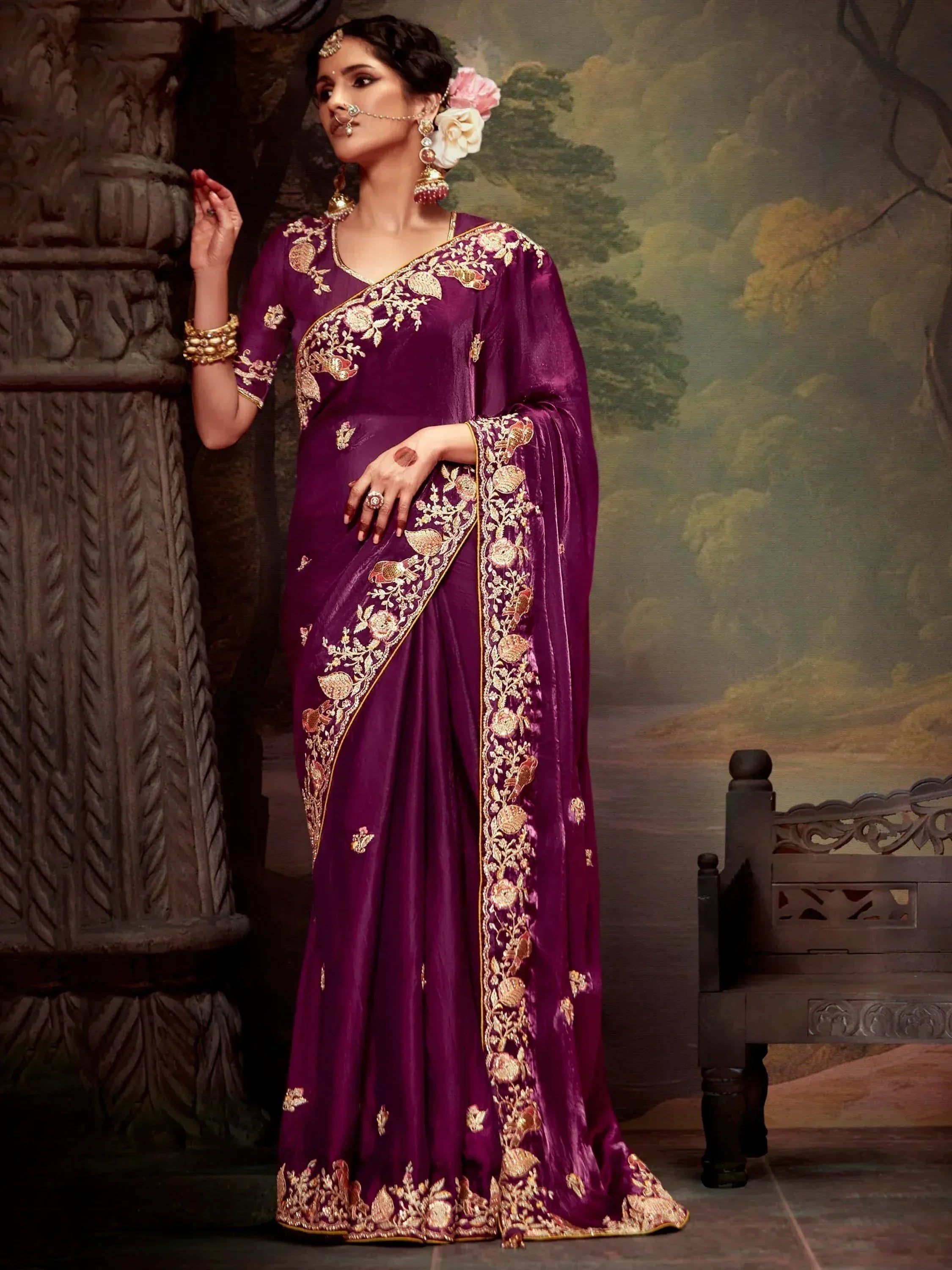 Purple embroidered saree with gold floral work, traditional Indian ethnic wear for weddings and festivals
