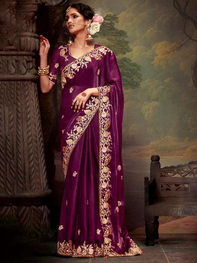 Endearing Wine Embroidered Organza Wedding Wear Saree With Blouse