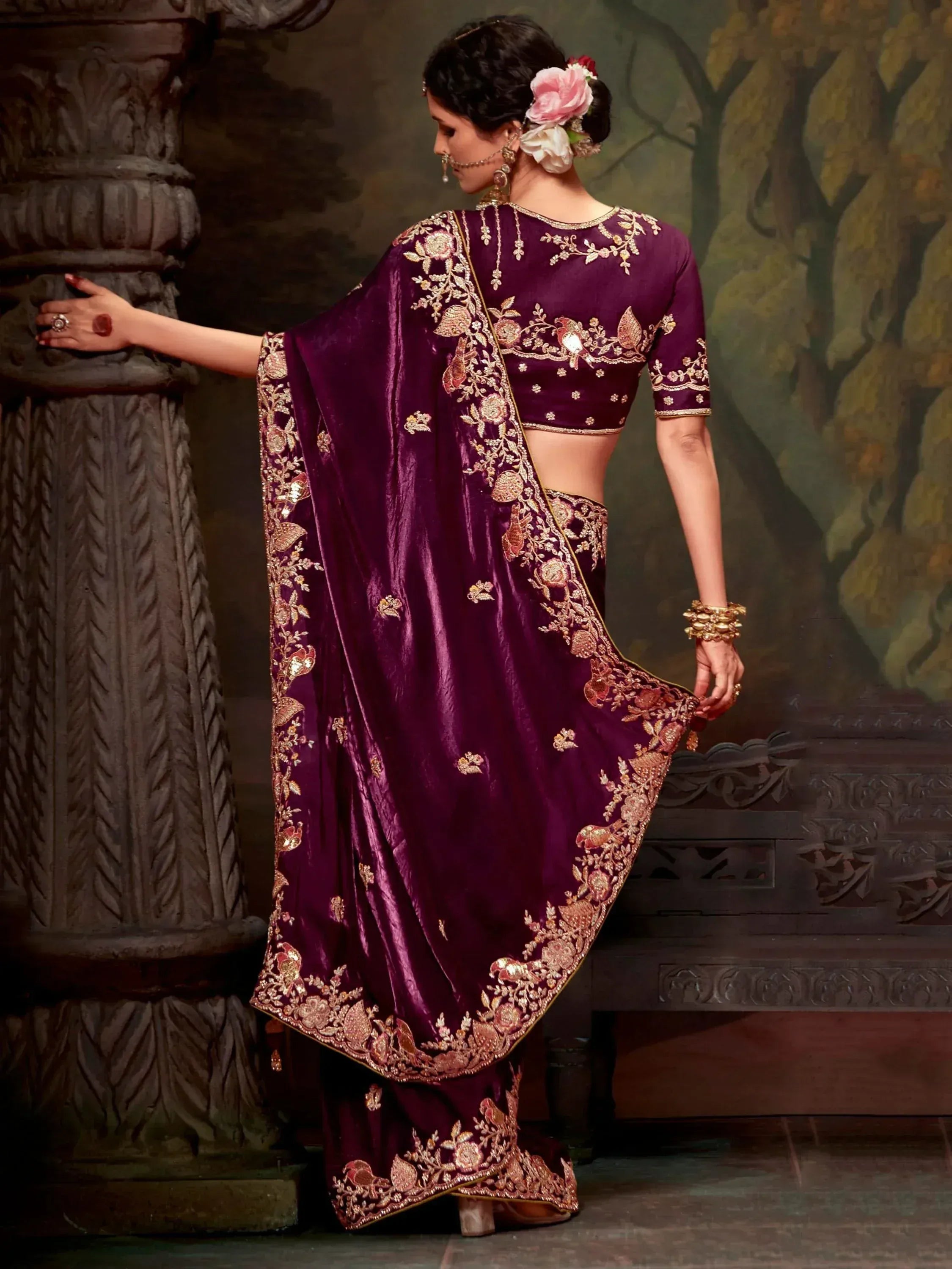Elegant purple velvet saree with gold floral embroidery, perfect for Indian ethnic occasions