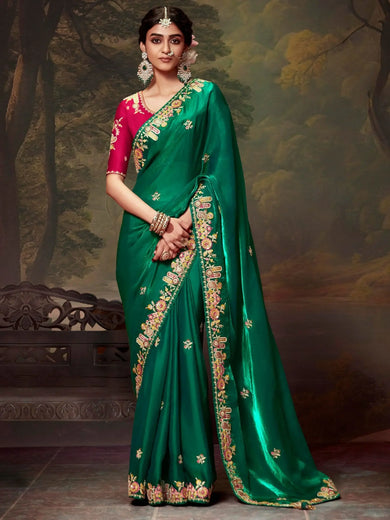 Winsome Green Embroidered Organza Event Wear Saree With Blouse