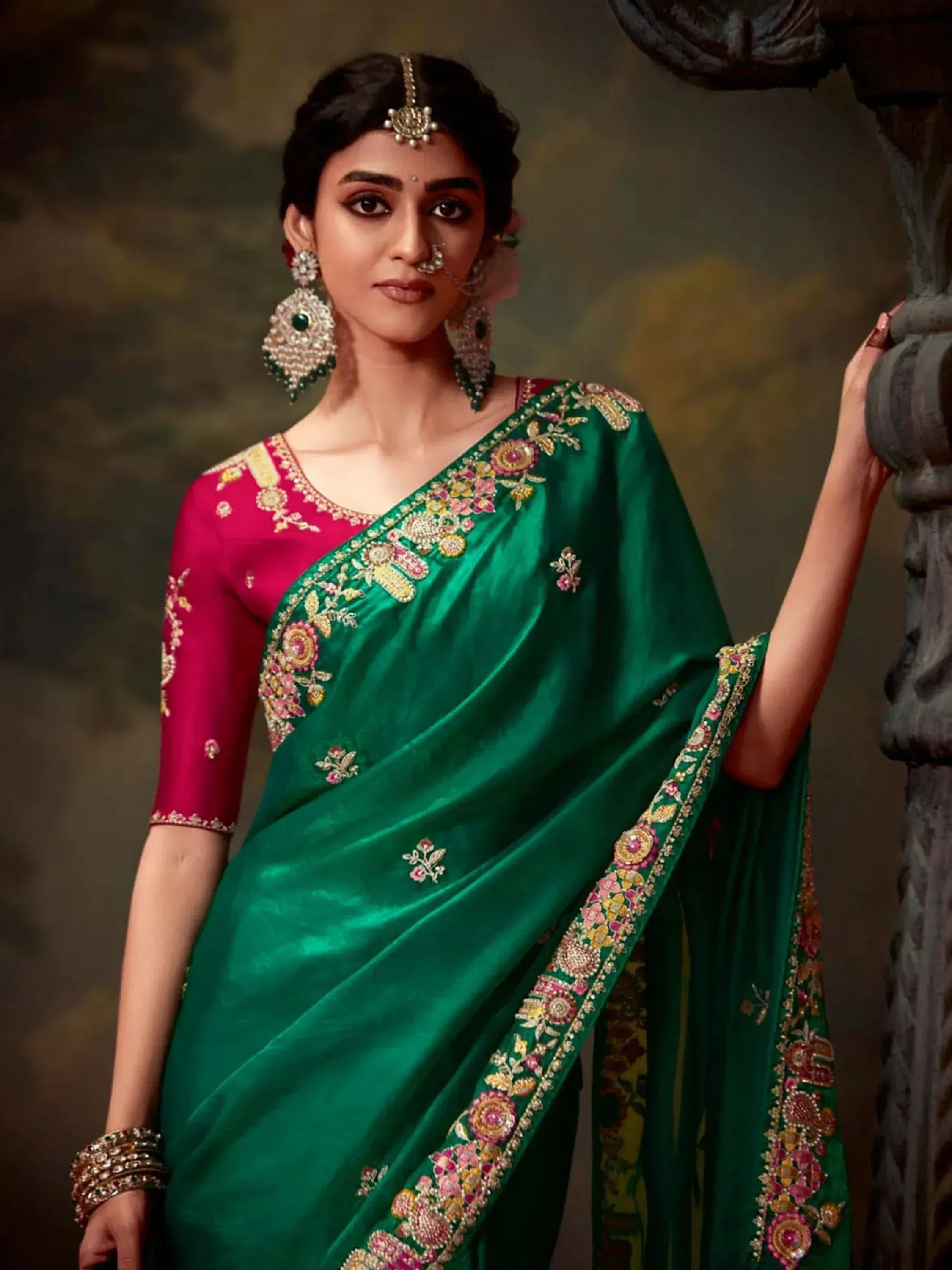Emerald green embroidered saree with pink blouse, traditional Indian ethnic wear for women