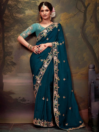 Cherished Teal Blue Embroidered Organza Festival Wear Saree With Blouse