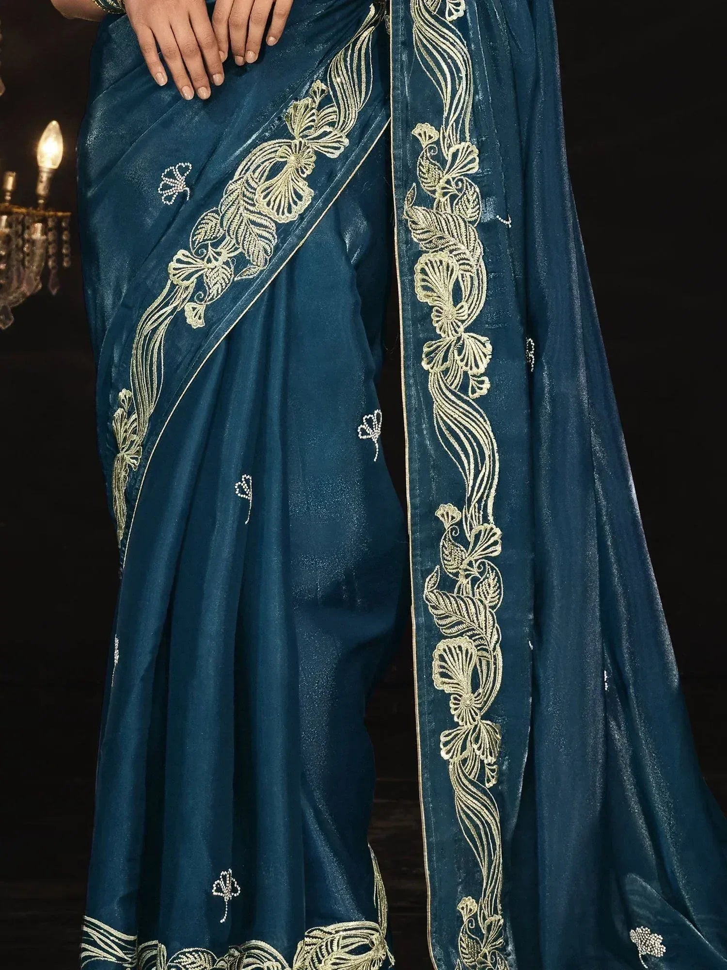 Blue velvet saree with gold floral embroidery, perfect for Indian ethnic wear occasions