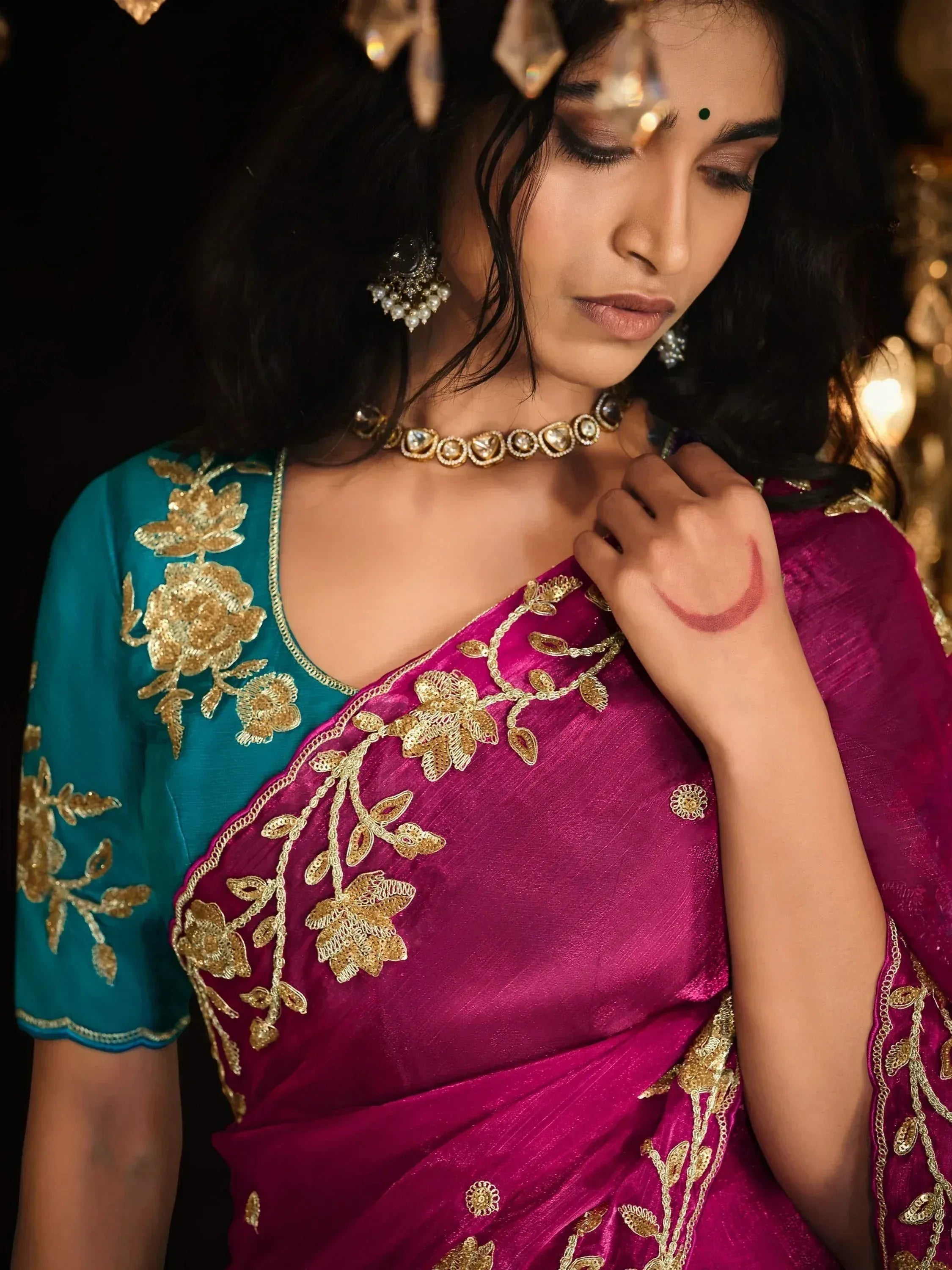 Attractive Rani Pink Embroidered Silk Event Wear Saree With Blouse