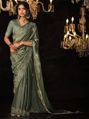 Enchanting Sage Green Swarovski Work Silk Festival Wear Saree