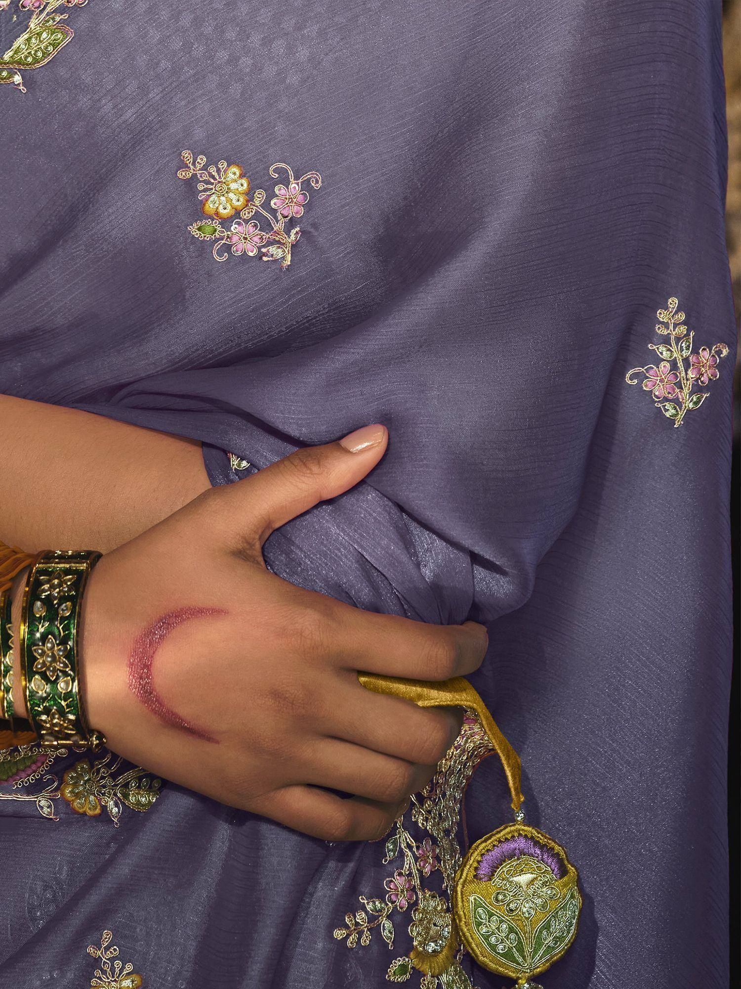 Glamorous Dusty Purple Embroidered Silk Saree With Blouse