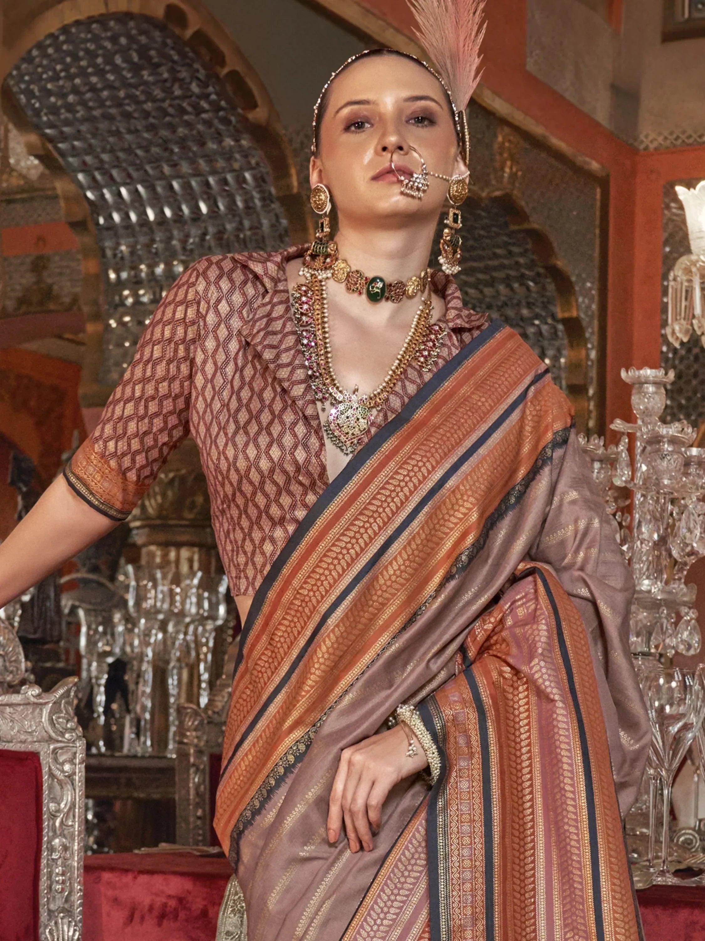Fetching Brown Zari Weaving Silk Function Wear Saree With Blouse