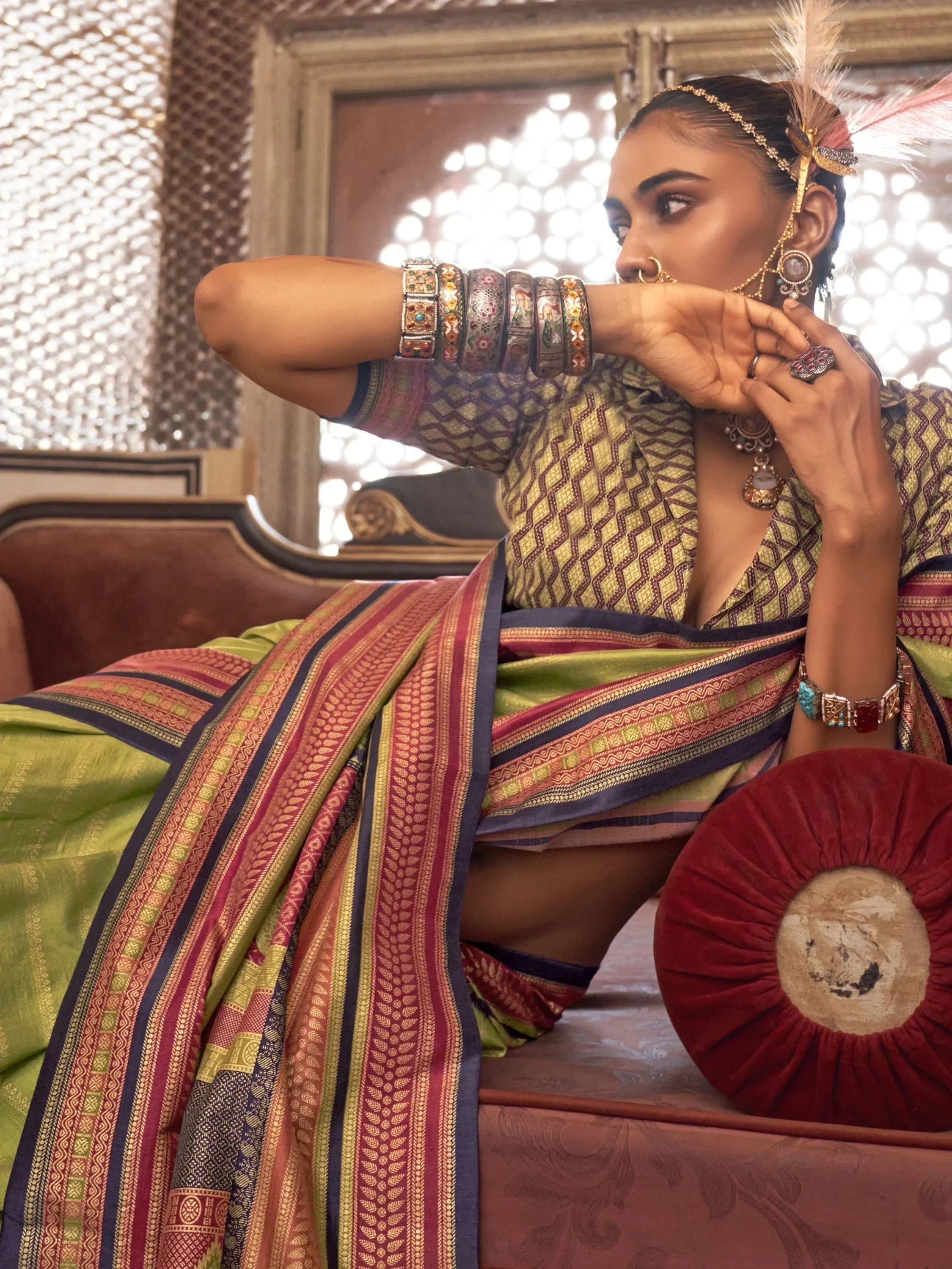 Stunning Olive Green Zari Weaving Silk Function Wear Saree With Blouse