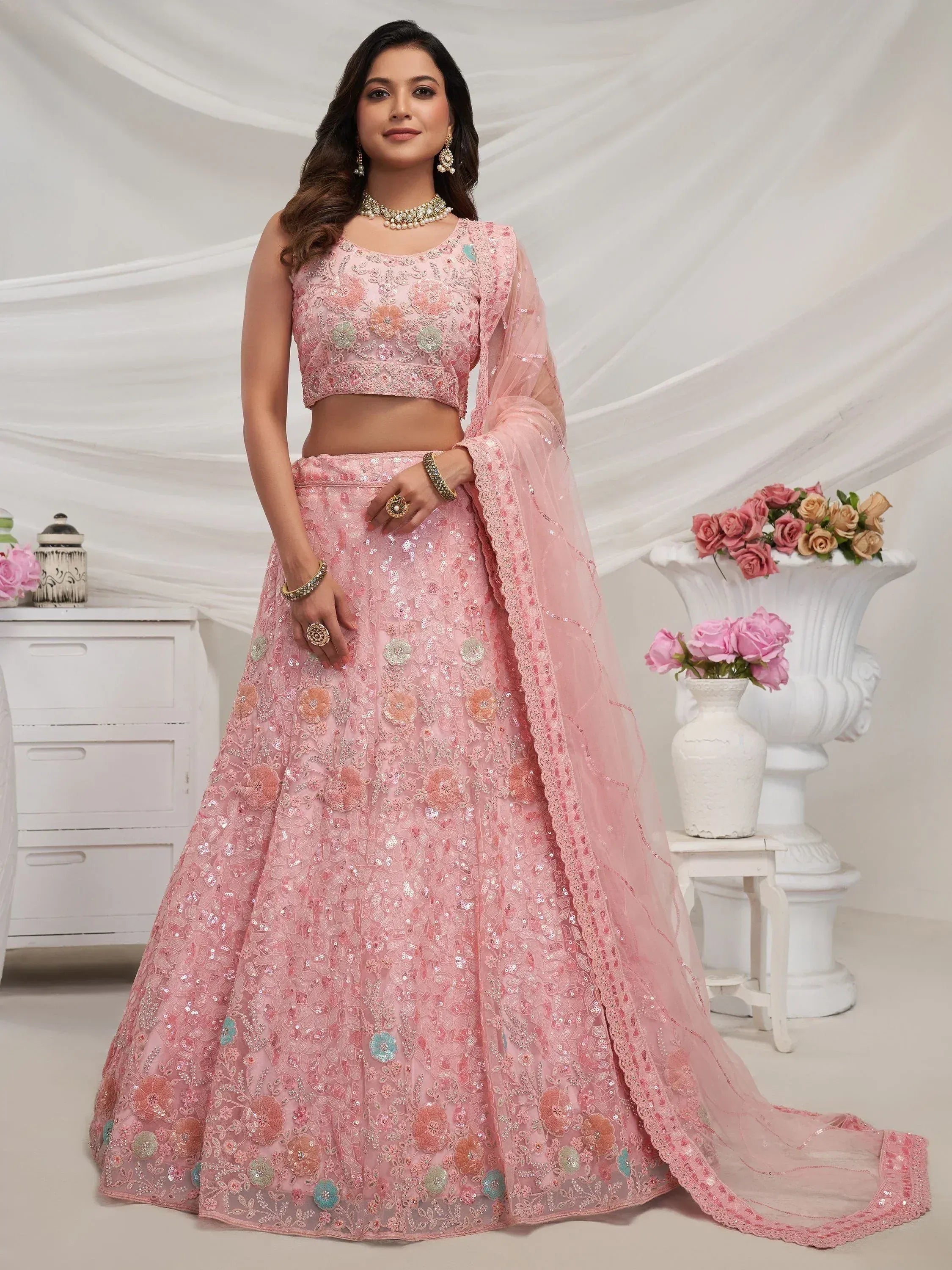 Pink floral embroidered lehenga choli with sequin work and matching dupatta for Indian ethnic wear