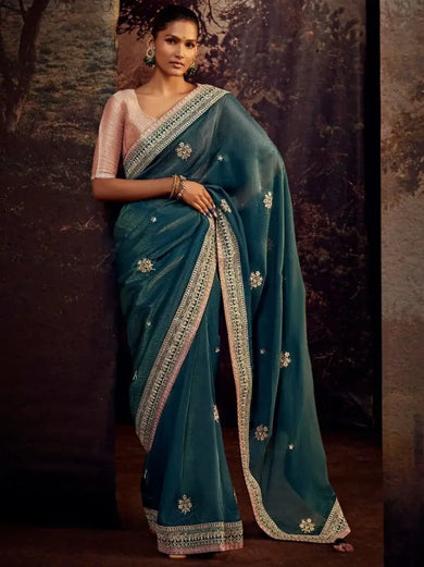 Awesome Blue Sequin Silk Party Wear Saree With Blouse