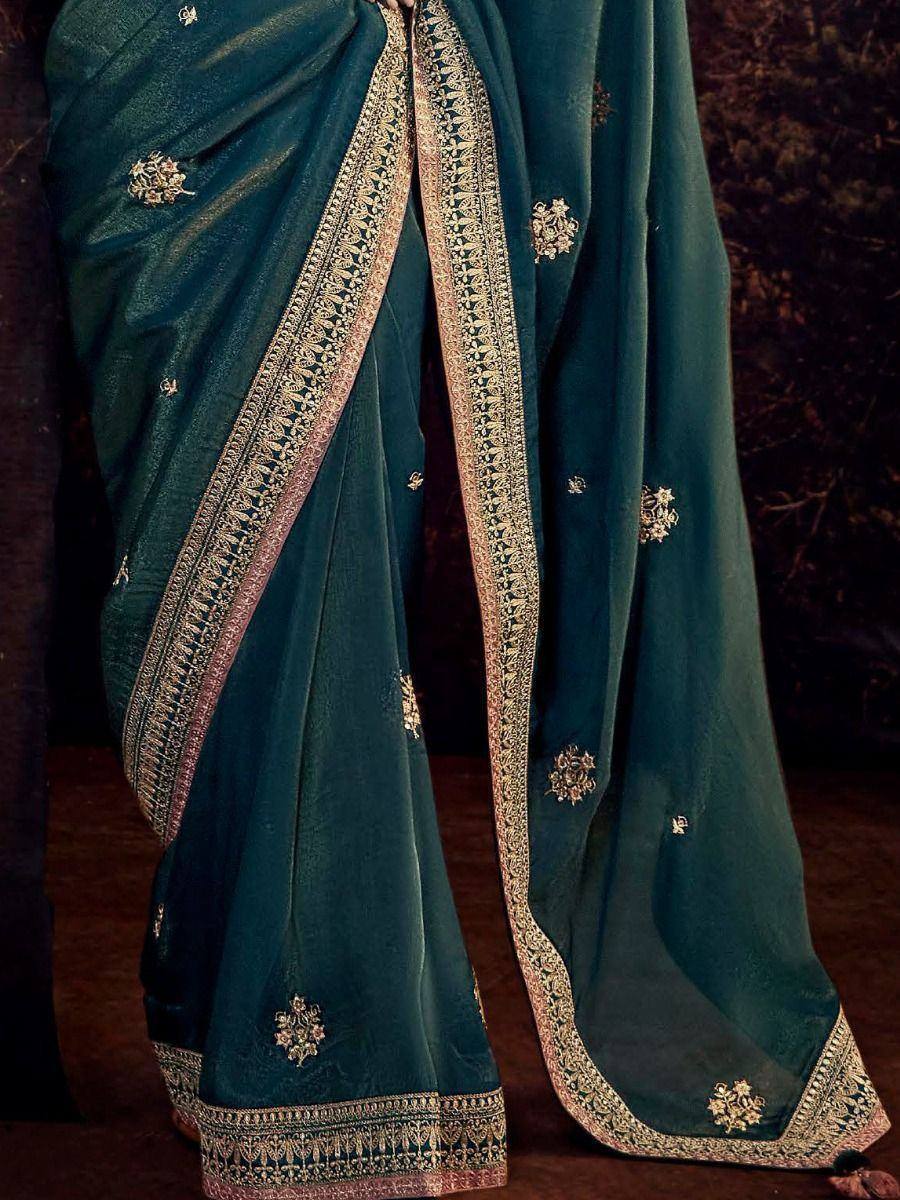 Awesome Blue Sequin Silk Party Wear Saree With Blouse