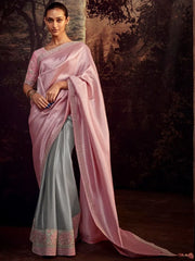 Amazing Pink Heavy Lace Work Silk Party Wear Saree With Blouse