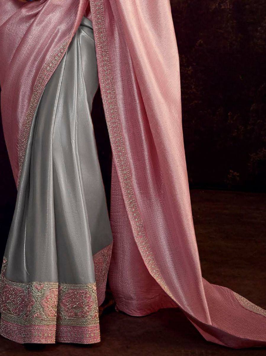 Grey and pink silk saree with embroidered border, perfect for Indian ethnic wear occasions.