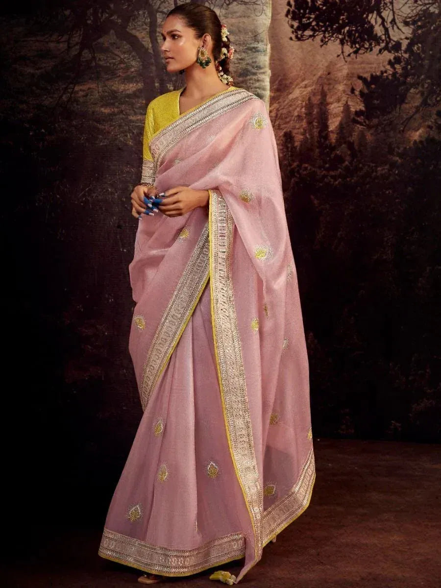 Pink embroidered saree with gold border and yellow blouse, Indian ethnic wear
