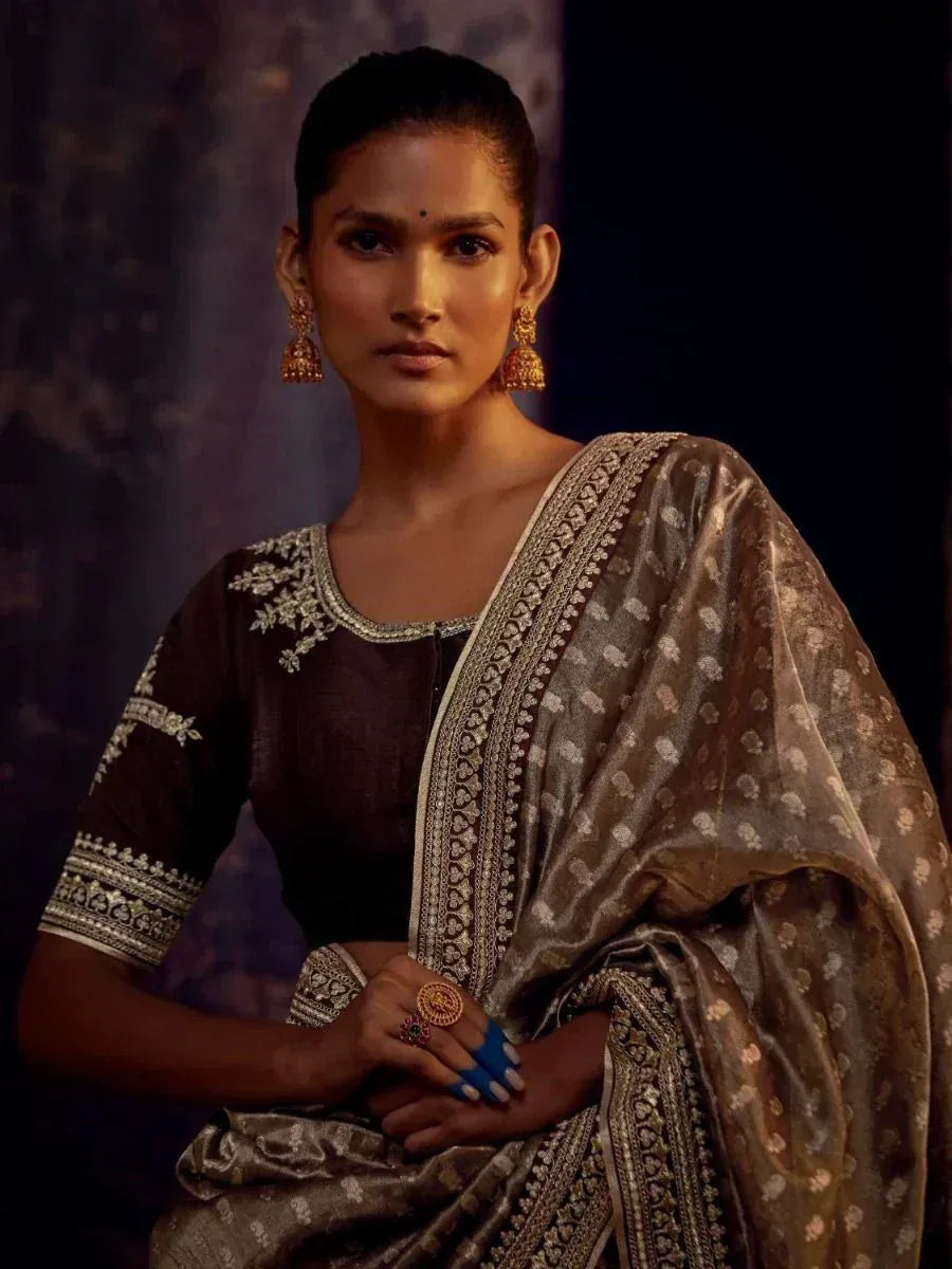 Elegant Indian saree with intricate embroidery, paired with a designer blouse and gold jhumka earrings