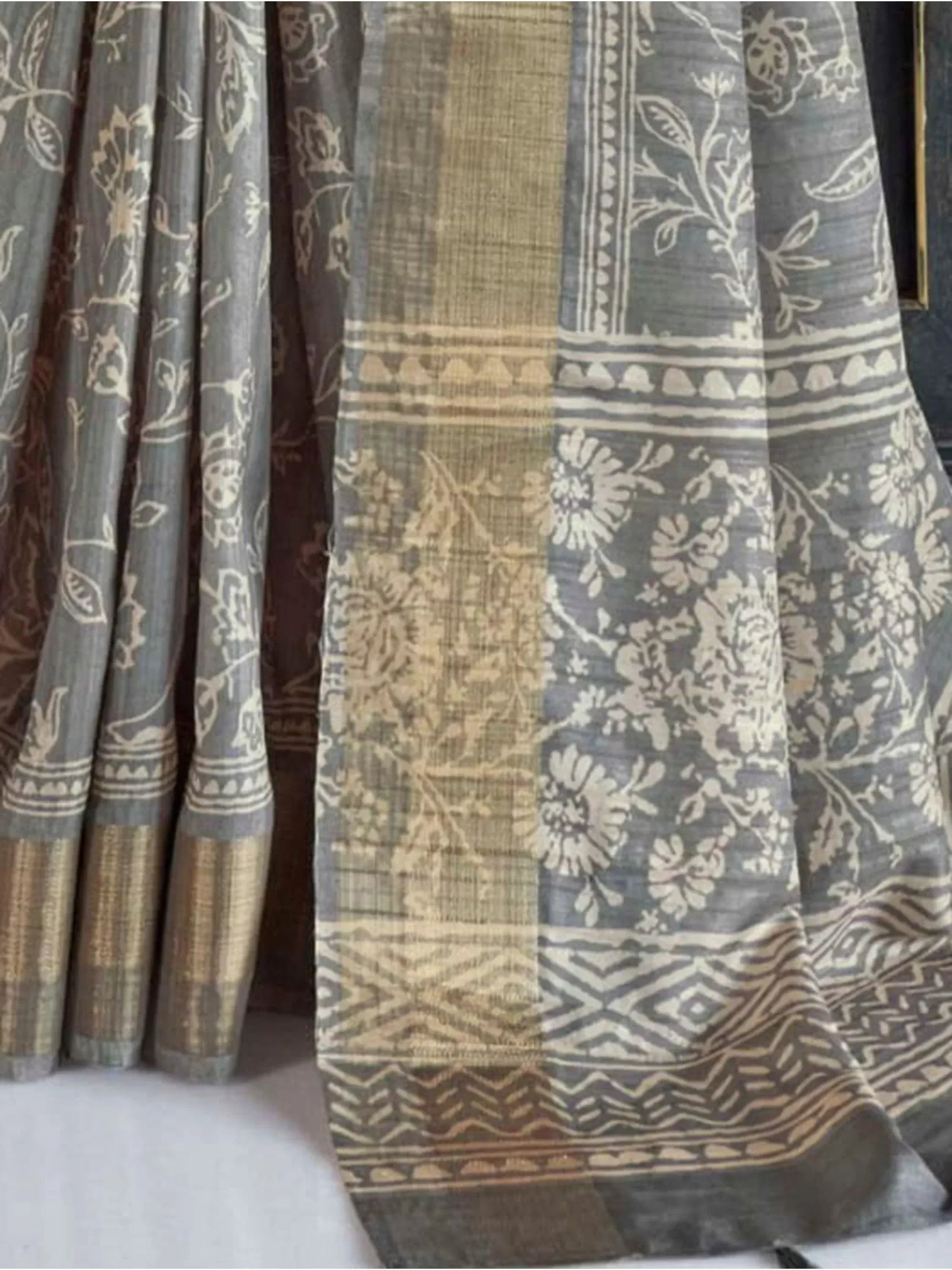 Grey and gold floral print saree with intricate border, Indian ethnic wear