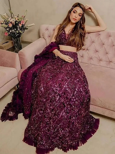 Remarkable Purple Sequins Velvet Party Wear Ruffle Lehenga Choli