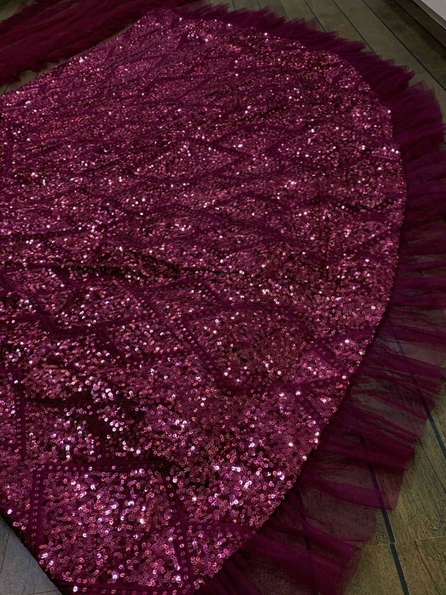 Sparkling maroon sequin lehenga skirt with tulle hem, perfect for Indian ethnic wear events