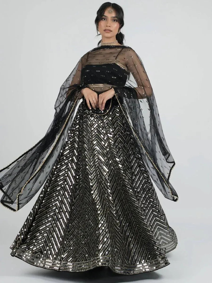 Black sequin lehenga choli with sheer cape, ethnic Indian wedding wear