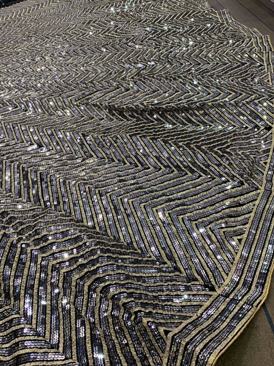 Black and gold sequin fabric with zigzag pattern for ethnic wear