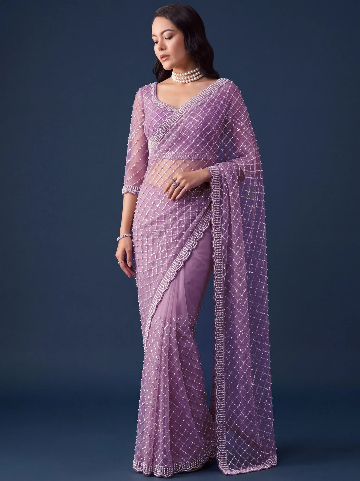 breathtaking Lavender Sequins Net Party Wear Saree With Blouse