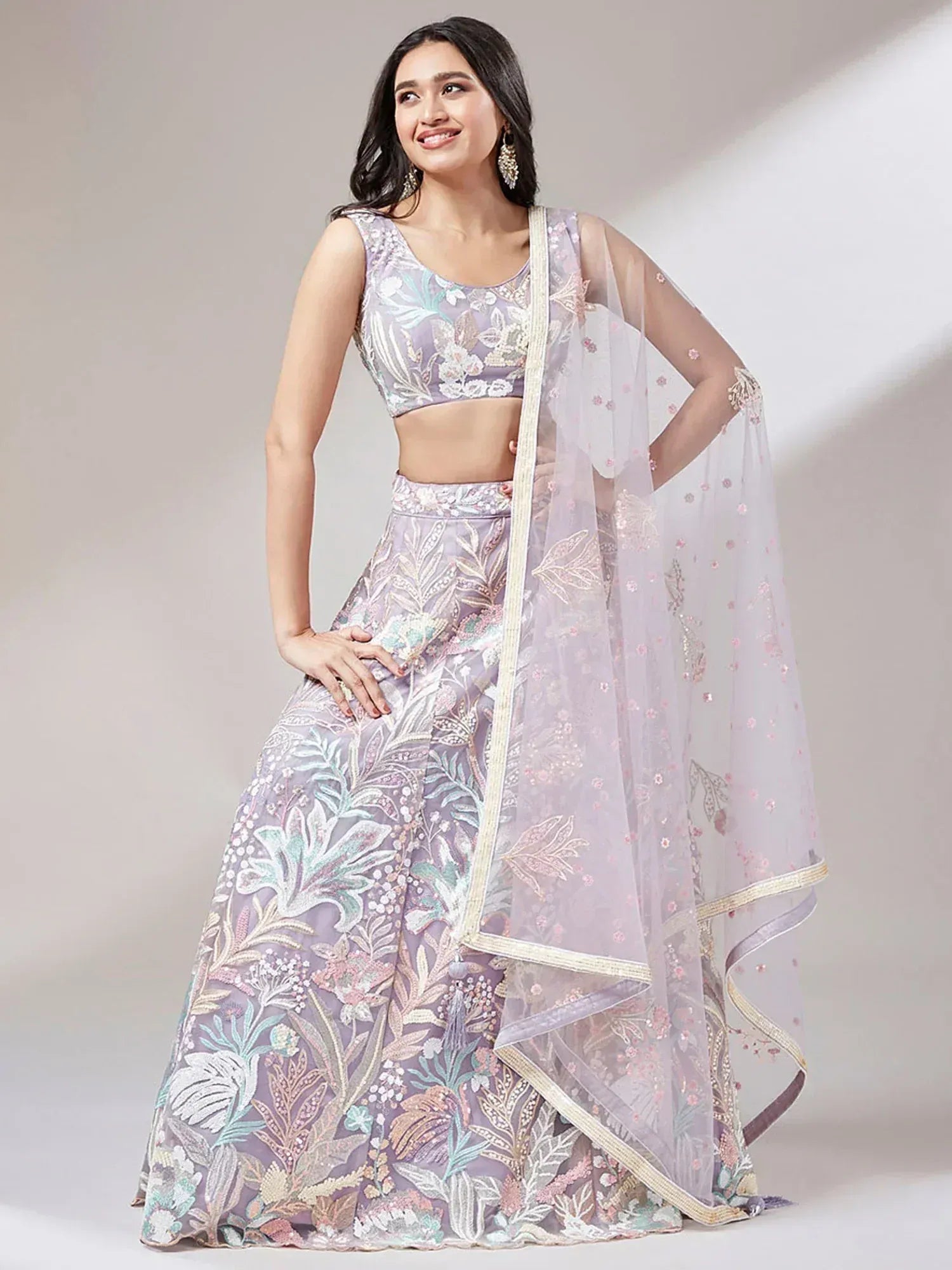 Lavender floral embroidered lehenga choli with sheer dupatta, Indian ethnic wear for weddings and parties