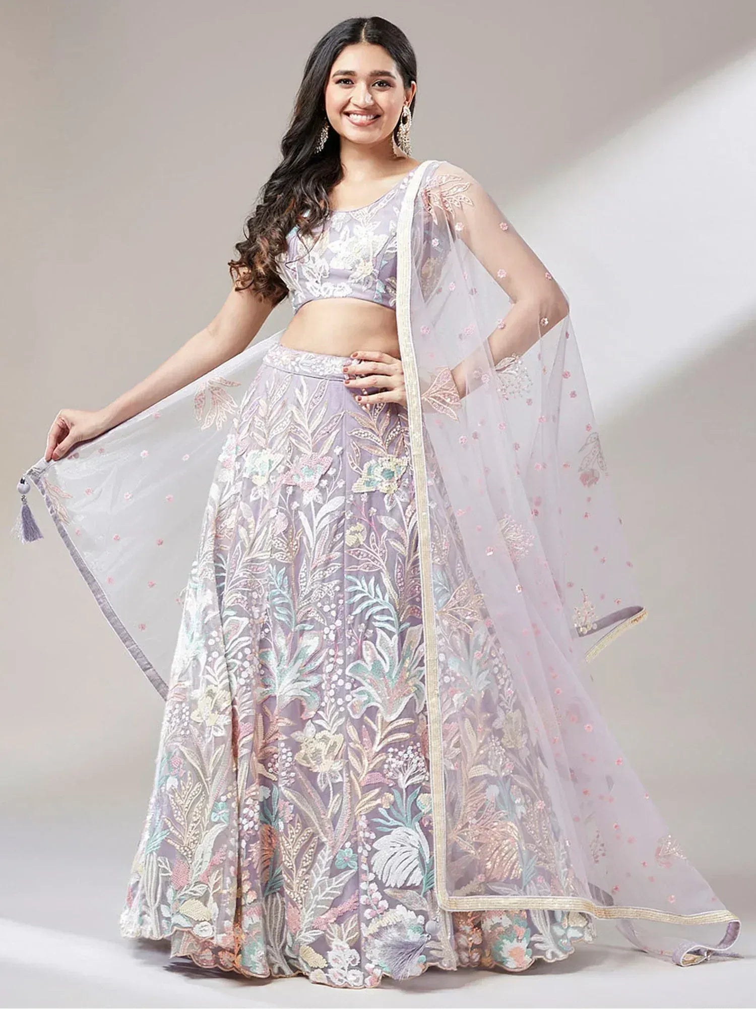 Lavender floral embroidered lehenga choli with sheer dupatta, Indian ethnic wear for weddings and parties