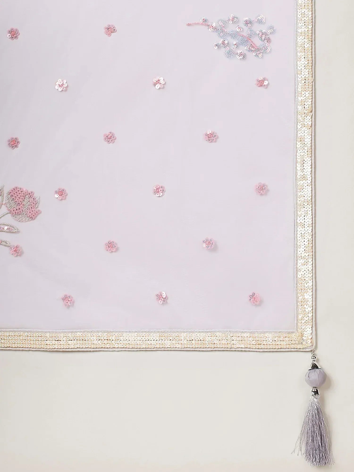 Light pink ethnic dupatta with floral sequin embroidery, silver border, and tassel detail
