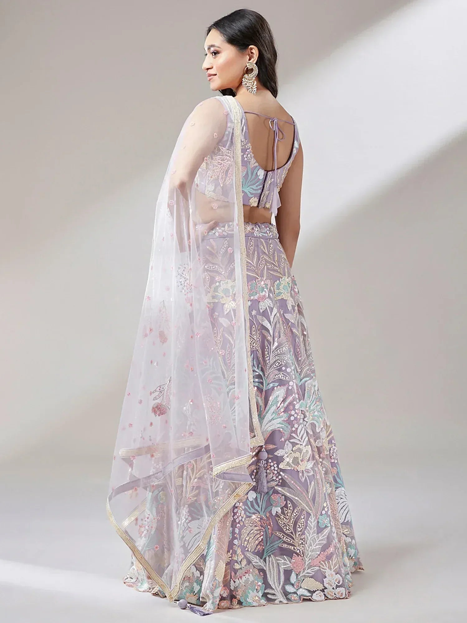 Lavender floral embroidered lehenga choli with sheer dupatta, Indian ethnic wear for women