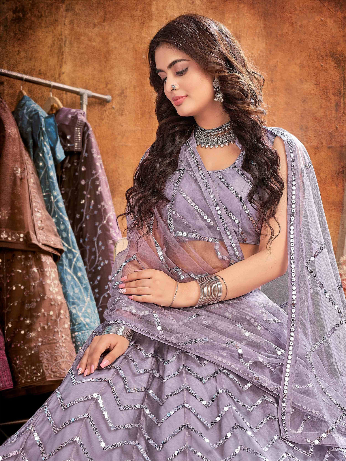 Elegant lavender lehenga choli with sequin embroidery, perfect for Indian ethnic wear occasions