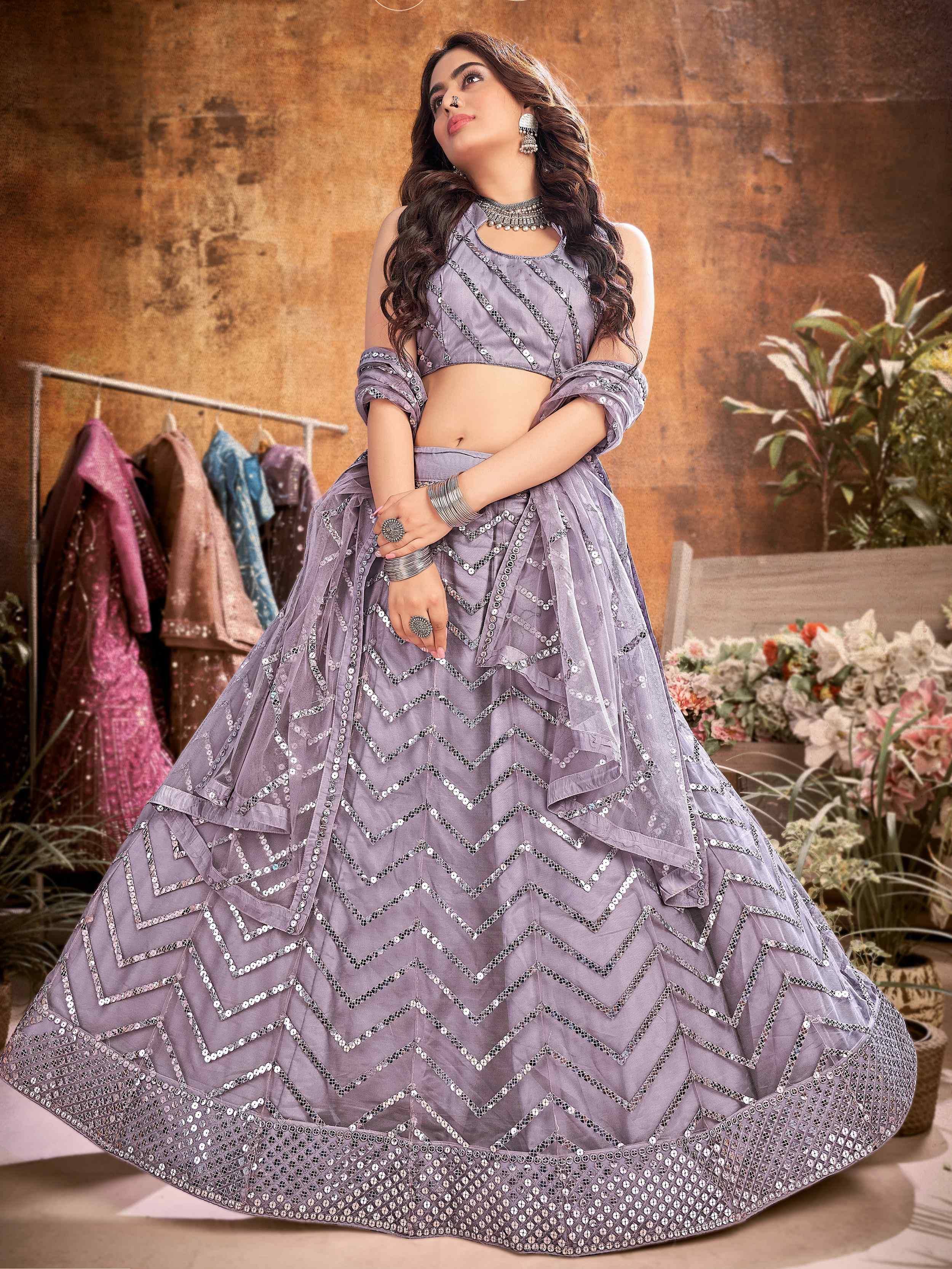 Lavender designer lehenga choli with sequin chevron patterns, perfect for Indian ethnic wear events