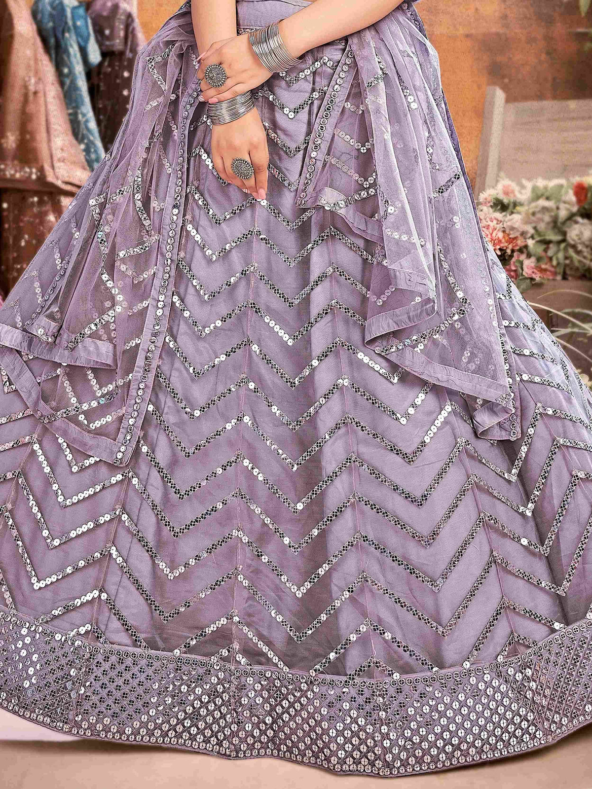 Lavender lehenga choli with chevron mirror work, perfect for Indian ethnic wear events