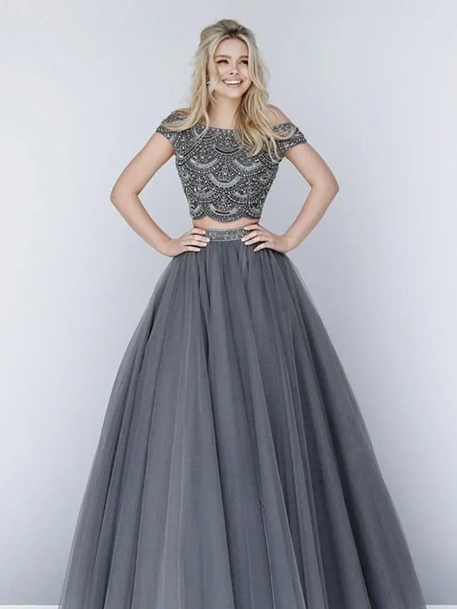 Grey ethnic gown with embellished crop top and tulle skirt, perfect for Indian weddings or parties