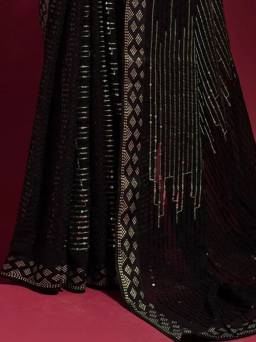 Black designer lehenga with gold sequin and thread embroidery, ethnic wear for festive occasions