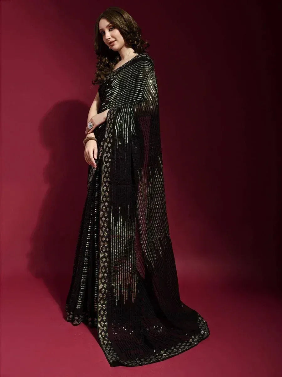 Black sequined saree with gold embroidery, elegant ethnic wear for women