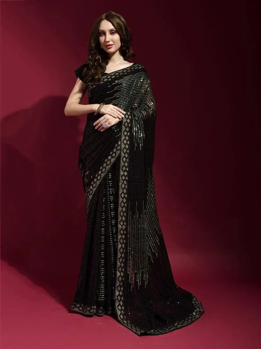 Elegant black sequin saree with gold geometric border, perfect for Indian ethnic wear occasions