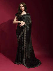 Adorable Black Georgette Stylish Light Green Sequins Work Fancy Kitty Party Wear Saree