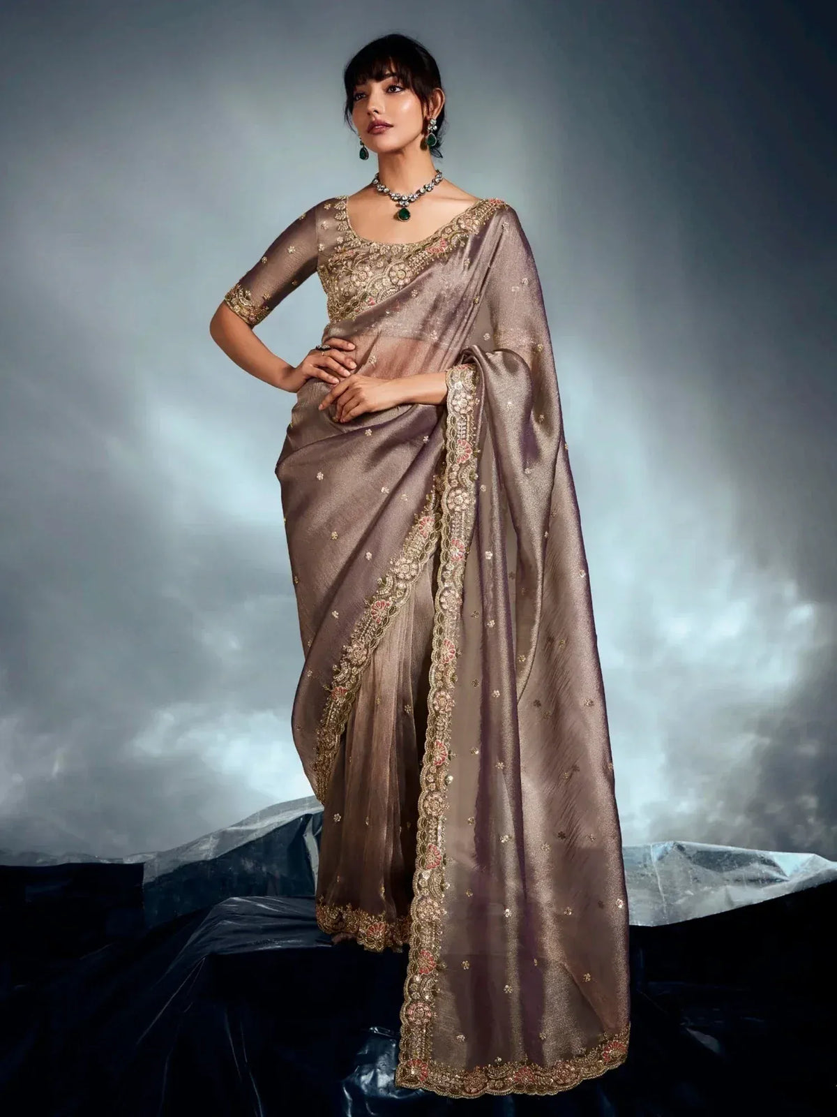Elegant brown saree with gold embroidery and floral detailing, paired with matching blouse and jewelry.