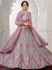 Glamorous Lilac Zarkan Embroidery Net Party Wear Lehenga Choli